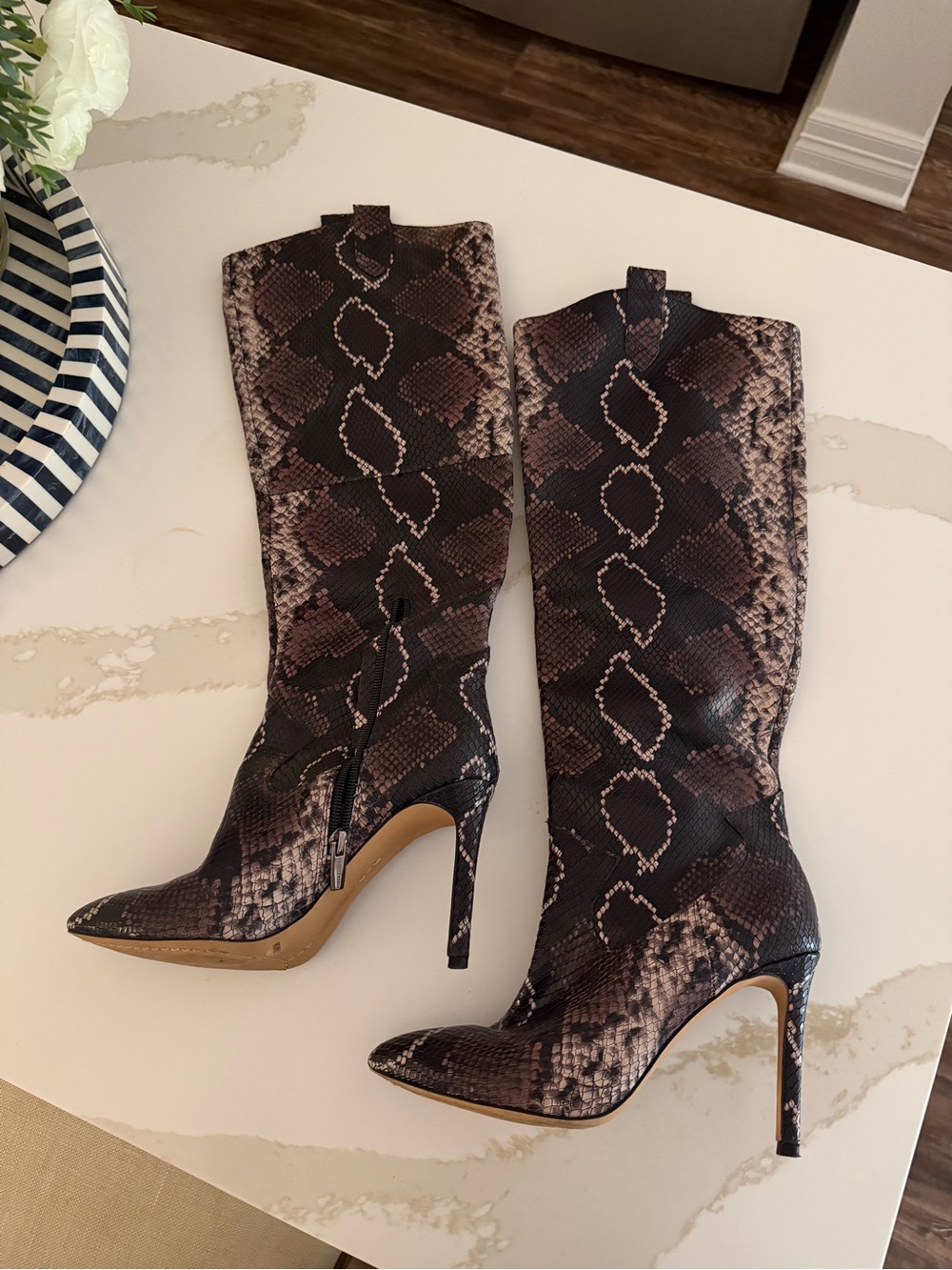 Vince Camuto Brown Snake-Print Pointed-Toe Stiletto Knee Boots
